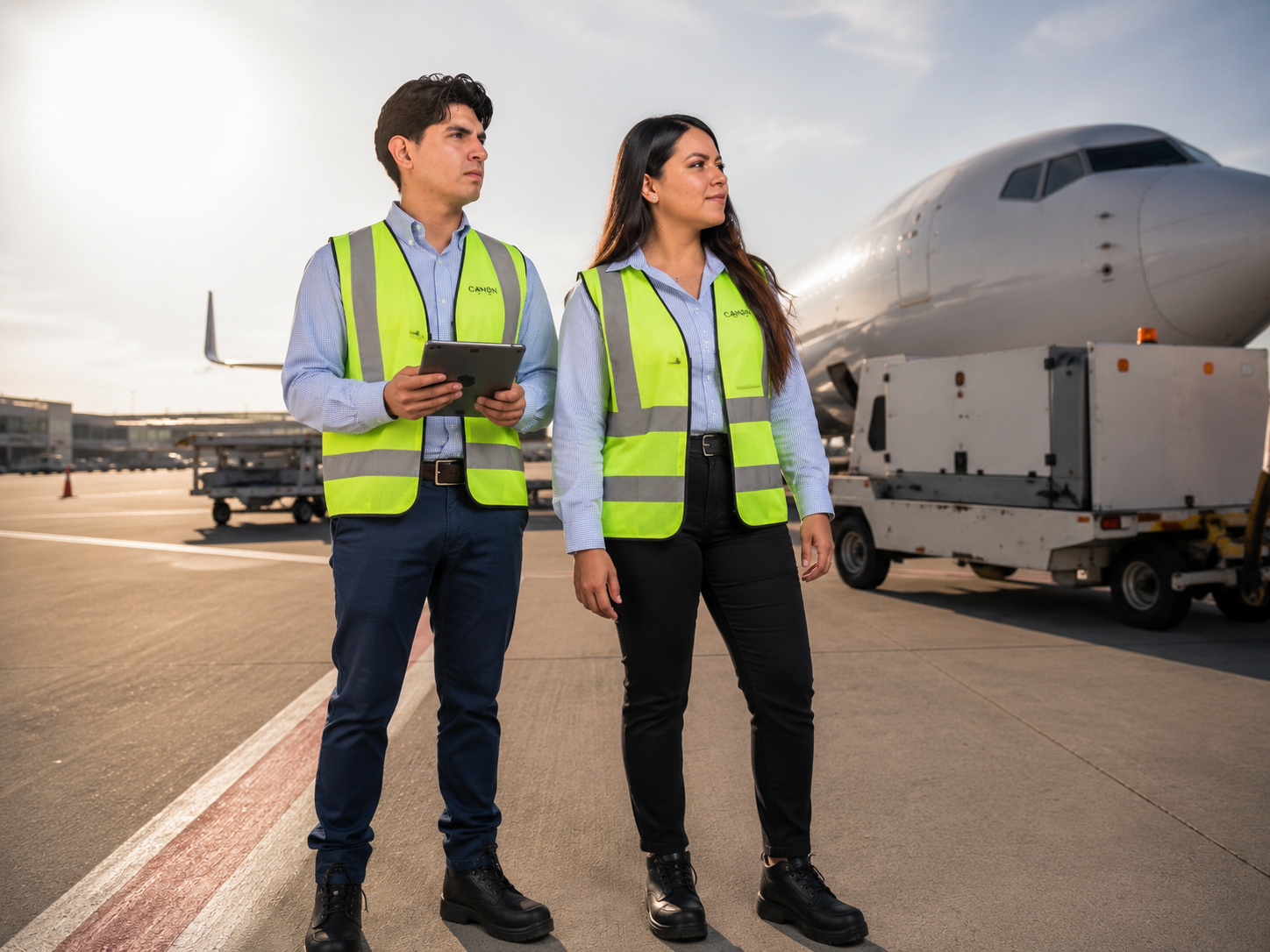 Canon Air ramp handling coordination beside a large aircraft
