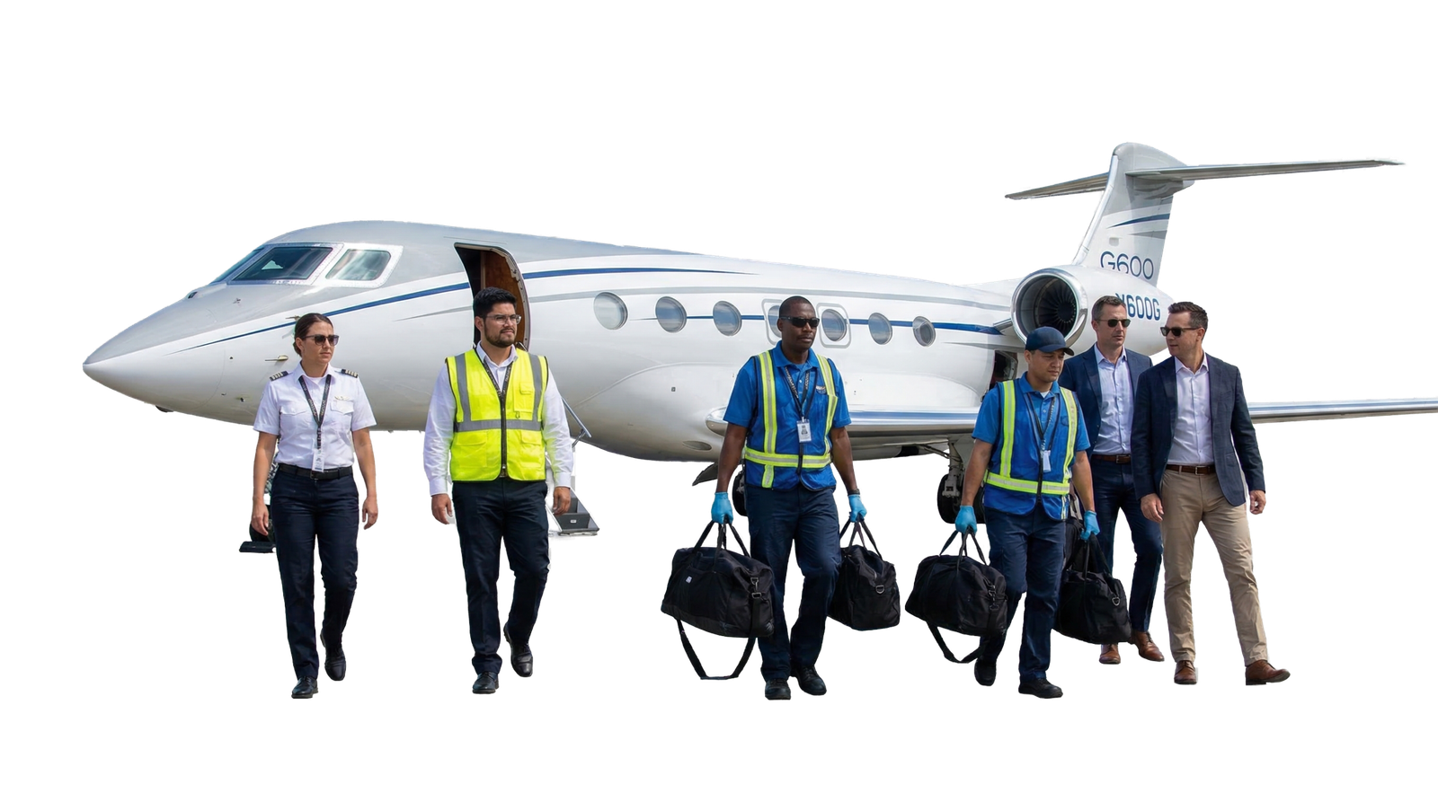 Ground handling team supporting a business jet