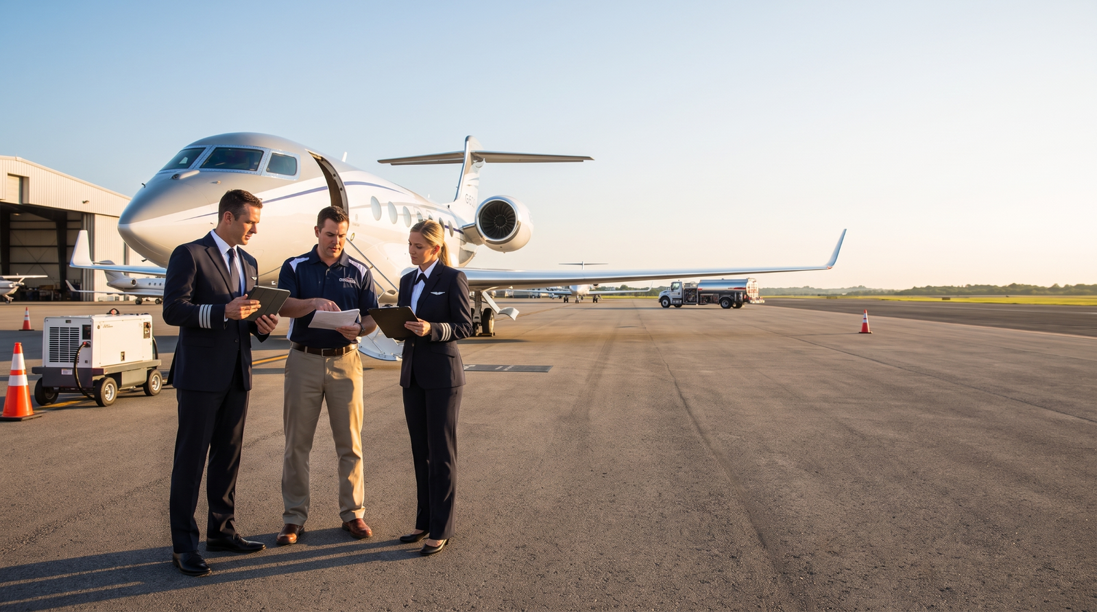 Charter crew coordinating beside a business jet