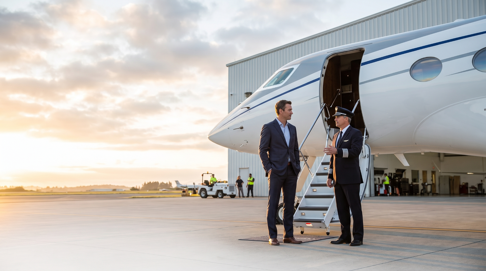 Private operator and pilot beside a business aircraft