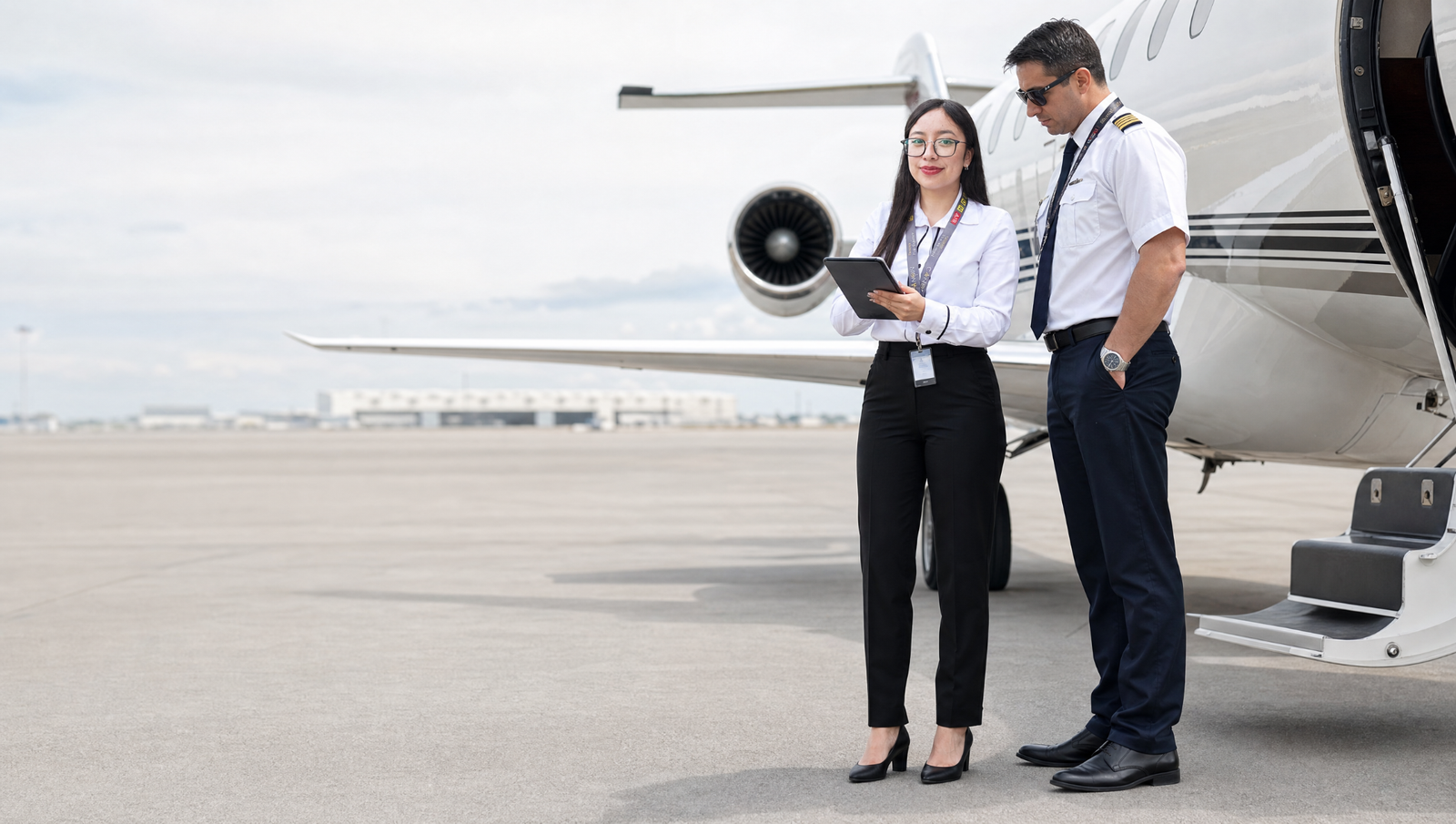 Canon Air coordinator reviewing flight details with a business jet captain