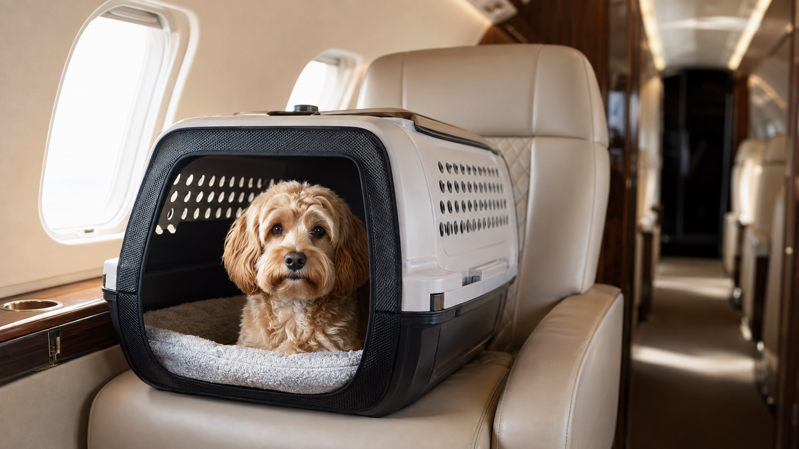 Pet dog in a clean carrier inside a private jet cabin