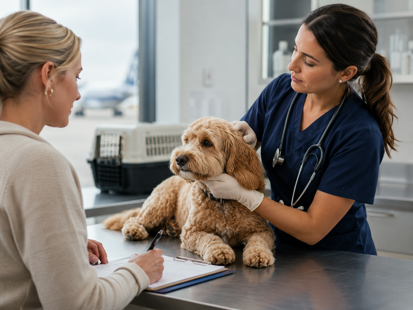 Veterinarian examining a pet dog while a traveler completes paperwork