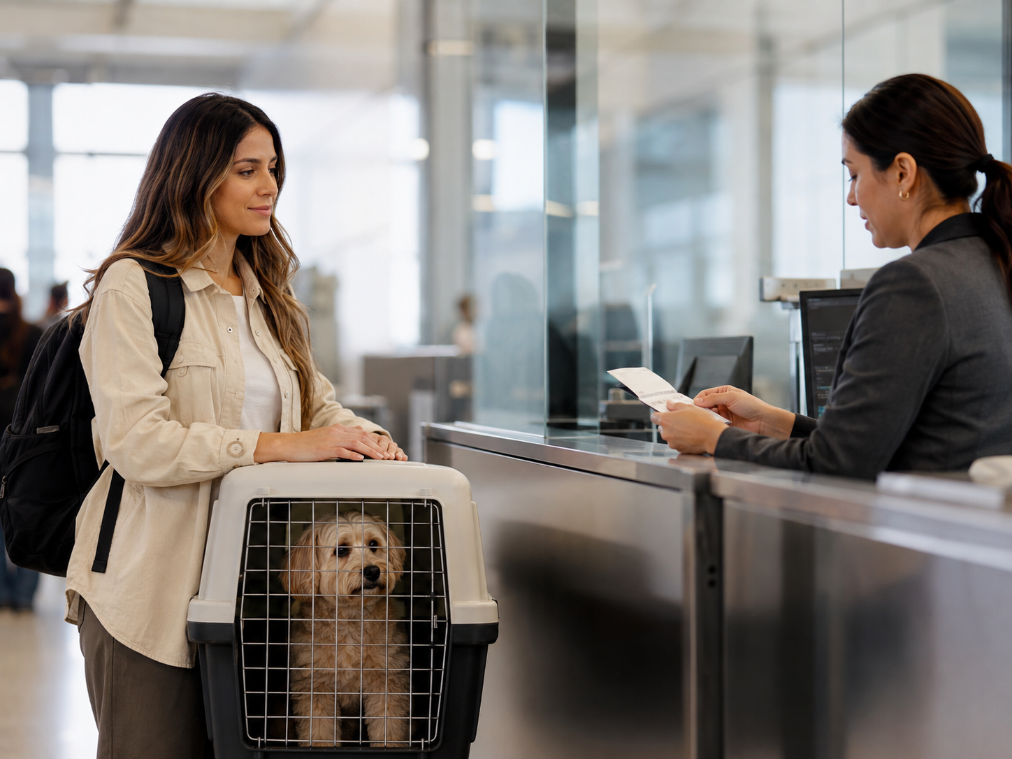Traveler with pet dog in carrier at an airport style inspection desk